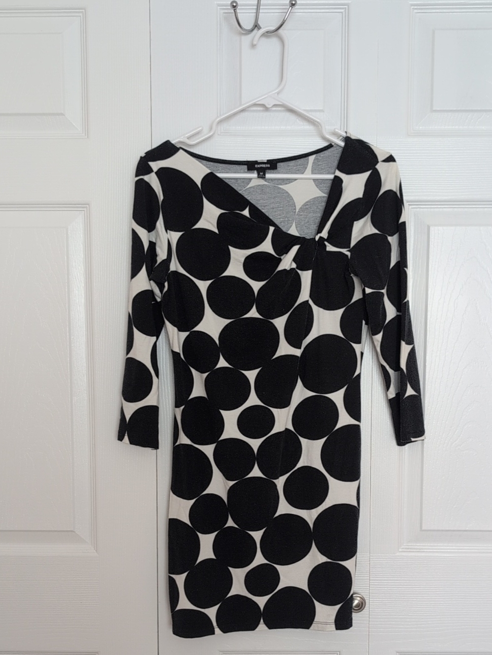Express Black and White Polka Dot Long Sleeve Knot-Front Dress